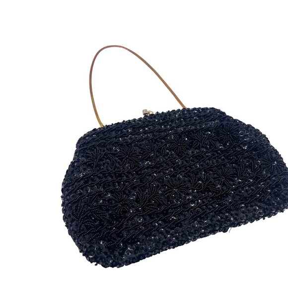 Vintage Black Beaded Evening Bag With Gold Strap By Jem - Picture 3 of 5